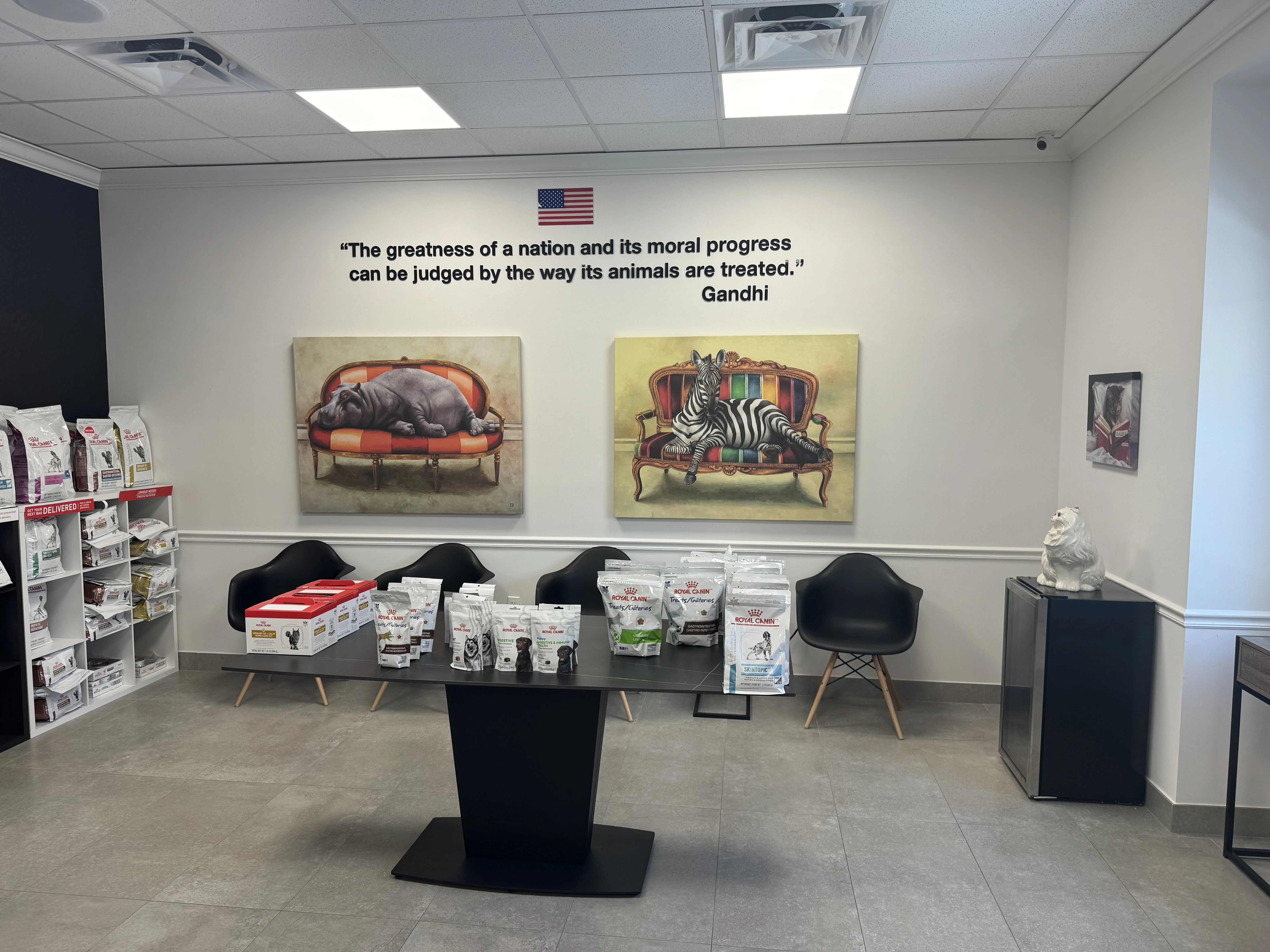 Waiting lounge with animal artwork